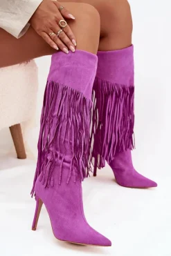 Outlet Boto Kozaki Damskie Na Szpilce Z Frędzlami Fioletowe Isalune Fioletowy