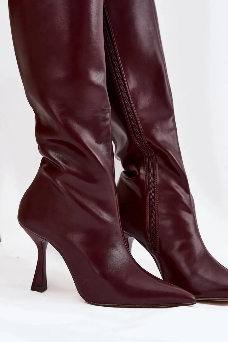 Discount Boto Kozaki Damskie Na Szpilce Przed Kolano Bordowe Vionette Czerwony