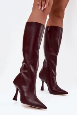 Discount Boto Kozaki Damskie Na Szpilce Przed Kolano Bordowe Vionette Czerwony