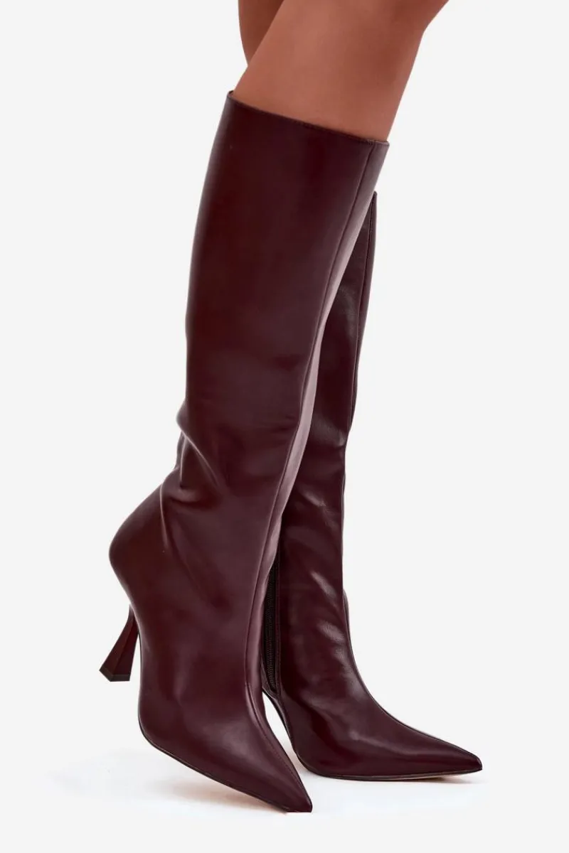 Discount Boto Kozaki Damskie Na Szpilce Przed Kolano Bordowe Vionette Czerwony