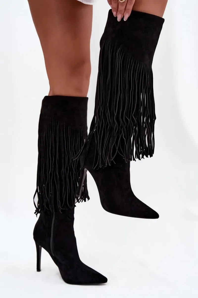 Sale Kozaki Damskie Na Szpilce Z Frędzlami Czarne Isalune Damskie Kozaki Ocieplane|Kozaki Na Szpilce