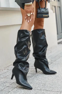 Kozaki Ocieplane|Kozaki Na Szpilce>Boto Kozaki Damskie Na Szpilce Wsuwane Z Marszczeniem Czarne Rosivine