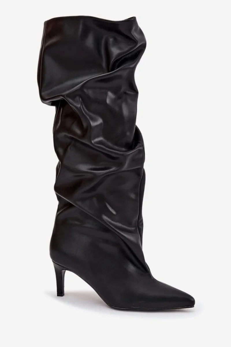 Kozaki Ocieplane|Kozaki Na Szpilce>Boto Kozaki Damskie Na Szpilce Wsuwane Z Marszczeniem Czarne Rosivine