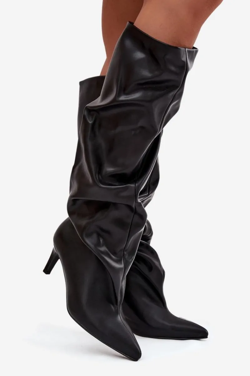 Kozaki Ocieplane|Kozaki Na Szpilce>Boto Kozaki Damskie Na Szpilce Wsuwane Z Marszczeniem Czarne Rosivine