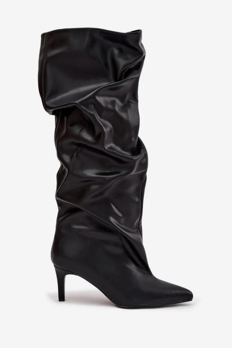 Kozaki Ocieplane|Kozaki Na Szpilce>Boto Kozaki Damskie Na Szpilce Wsuwane Z Marszczeniem Czarne Rosivine