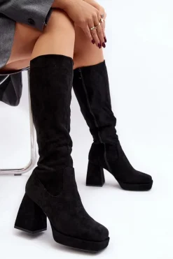 Discount Boto Kozaki Damskie Ocieplane Na Masywnym Obcasie Czarne Layala