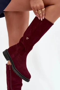 Kozaki Ocieplane|Kozaki Płaskie>Boto Kozaki Damskie Ocieplane Na płaskim Obcasie Eko Zamszowe Bordowe Delyssa