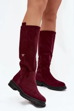 Kozaki Ocieplane|Kozaki Płaskie>Boto Kozaki Damskie Ocieplane Na płaskim Obcasie Eko Zamszowe Bordowe Delyssa