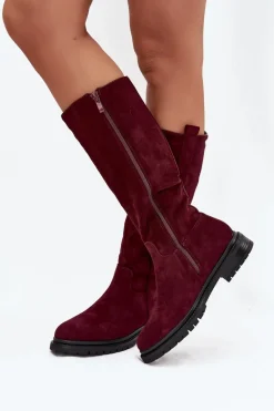 Kozaki Ocieplane|Kozaki Płaskie></noscript>Boto Kozaki Damskie Ocieplane Na płaskim Obcasie Eko Zamszowe Bordowe Delyssa