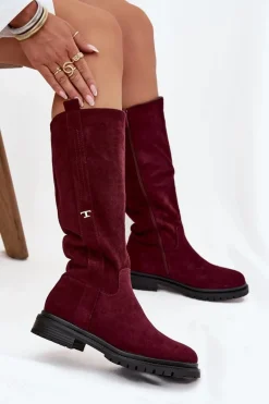 Kozaki Ocieplane|Kozaki Płaskie></noscript>Boto Kozaki Damskie Ocieplane Na płaskim Obcasie Eko Zamszowe Bordowe Delyssa