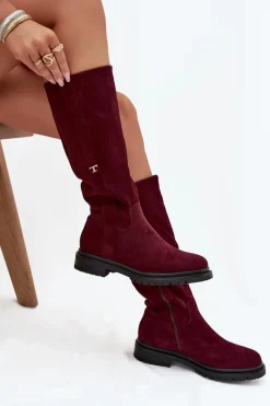 Kozaki Ocieplane|Kozaki Płaskie></noscript>Boto Kozaki Damskie Ocieplane Na płaskim Obcasie Eko Zamszowe Bordowe Delyssa
