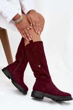 Kozaki Ocieplane|Kozaki Płaskie></noscript>Boto Kozaki Damskie Ocieplane Na płaskim Obcasie Eko Zamszowe Bordowe Delyssa