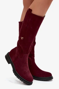 Kozaki Ocieplane|Kozaki Płaskie></noscript>Boto Kozaki Damskie Ocieplane Na płaskim Obcasie Eko Zamszowe Bordowe Delyssa