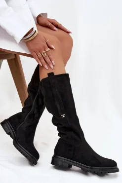 Discount Boto Kozaki Damskie Ocieplane Na płaskim Obcasie Eko Zamszowe Czarne Delyssa