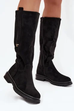 Discount Boto Kozaki Damskie Ocieplane Na płaskim Obcasie Eko Zamszowe Czarne Delyssa