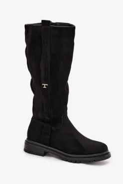 Discount Boto Kozaki Damskie Ocieplane Na płaskim Obcasie Eko Zamszowe Czarne Delyssa