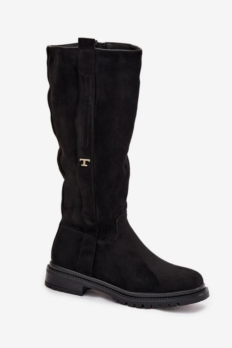 Discount Boto Kozaki Damskie Ocieplane Na płaskim Obcasie Eko Zamszowe Czarne Delyssa