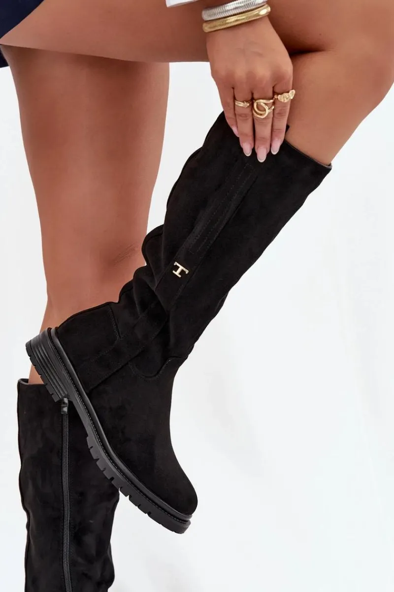 Discount Boto Kozaki Damskie Ocieplane Na płaskim Obcasie Eko Zamszowe Czarne Delyssa