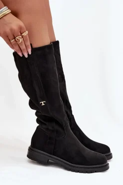 Discount Boto Kozaki Damskie Ocieplane Na płaskim Obcasie Eko Zamszowe Czarne Delyssa