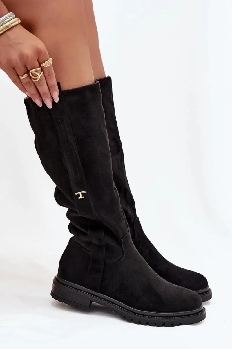 Discount Boto Kozaki Damskie Ocieplane Na płaskim Obcasie Eko Zamszowe Czarne Delyssa