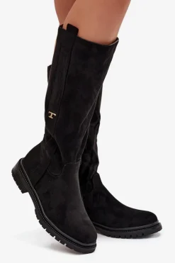 Discount Boto Kozaki Damskie Ocieplane Na płaskim Obcasie Eko Zamszowe Czarne Delyssa