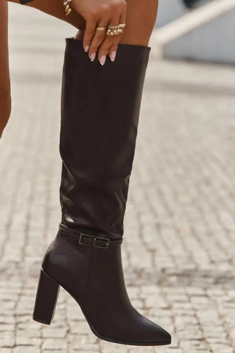 Kozaki Na Słupku|Kozaki Ocieplane>Boto Kozaki Damskie Ocieplane Na Słupku Z Klamrą Czekoladowe Fionelle