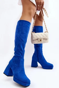 Outlet Kozaki Damskie Ocieplane Na Masywnym Obcasie Niebieski Layala Damskie Kozaki Wiosenne|Kozaki Przed Kolano
