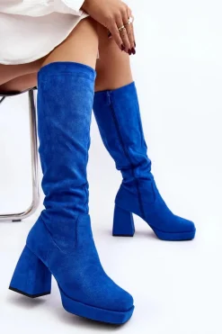 Outlet Kozaki Damskie Ocieplane Na Masywnym Obcasie Niebieski Layala Damskie Kozaki Wiosenne|Kozaki Przed Kolano