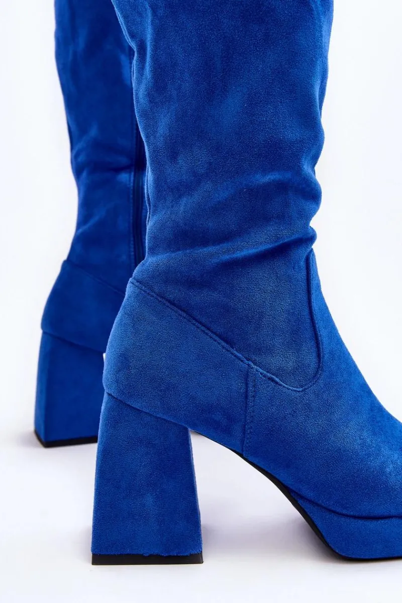 Outlet Kozaki Damskie Ocieplane Na Masywnym Obcasie Niebieski Layala Damskie Kozaki Wiosenne|Kozaki Przed Kolano