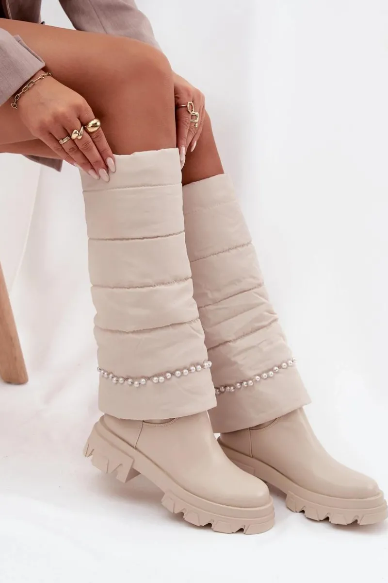 Clearance Boto Kozaki Damskie Ocieplane Z Koralikami Jasnobeżowe Irvette Beżowy