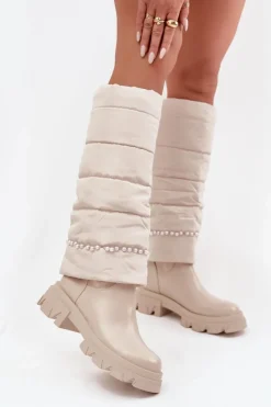 Clearance Boto Kozaki Damskie Ocieplane Z Koralikami Jasnobeżowe Irvette Beżowy