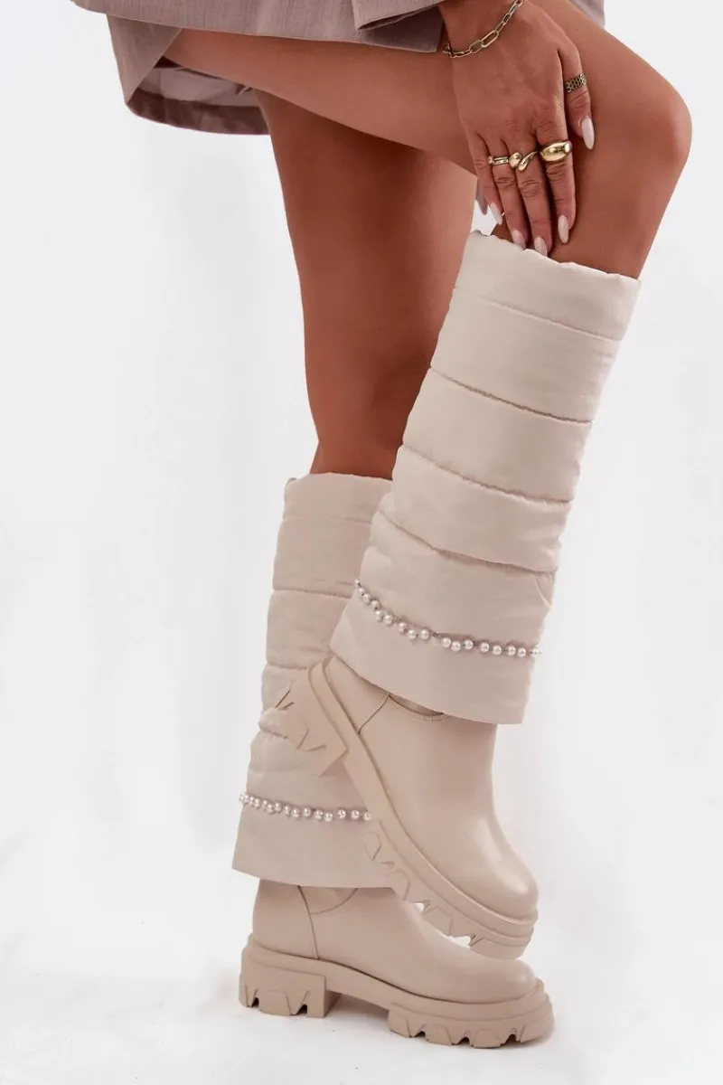 Clearance Boto Kozaki Damskie Ocieplane Z Koralikami Jasnobeżowe Irvette Beżowy