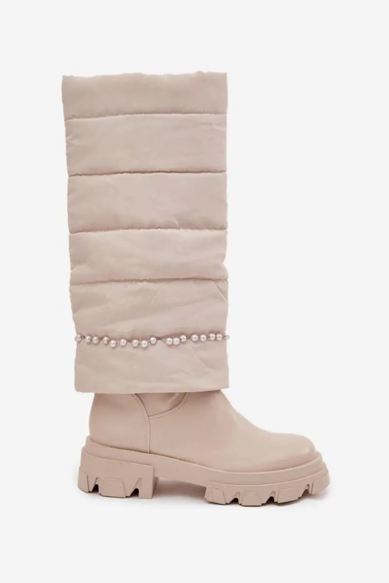Clearance Boto Kozaki Damskie Ocieplane Z Koralikami Jasnobeżowe Irvette Beżowy