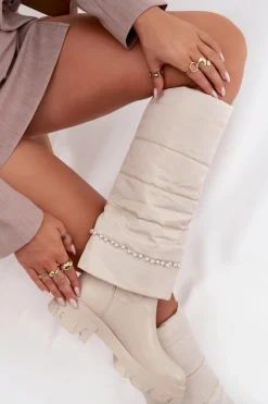 Clearance Boto Kozaki Damskie Ocieplane Z Koralikami Jasnobeżowe Irvette Beżowy