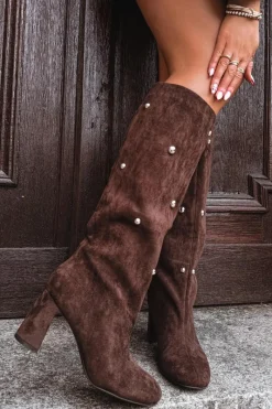 Online Boto Kozaki Damskie Ocieplane Na Słupku Z Ozdobnymi Detalami Czekoladowe Lucinda Brązowy