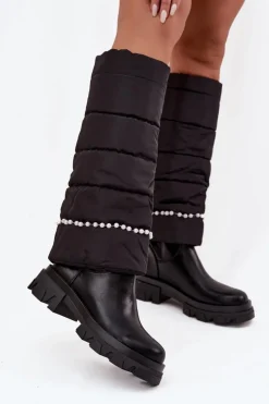 Kozaki Z Wywiniętą Cholewką|Kozaki Płaskie>Boto Kozaki Damskie Ocieplane Z Koralikami Czarne Irvette Czarny