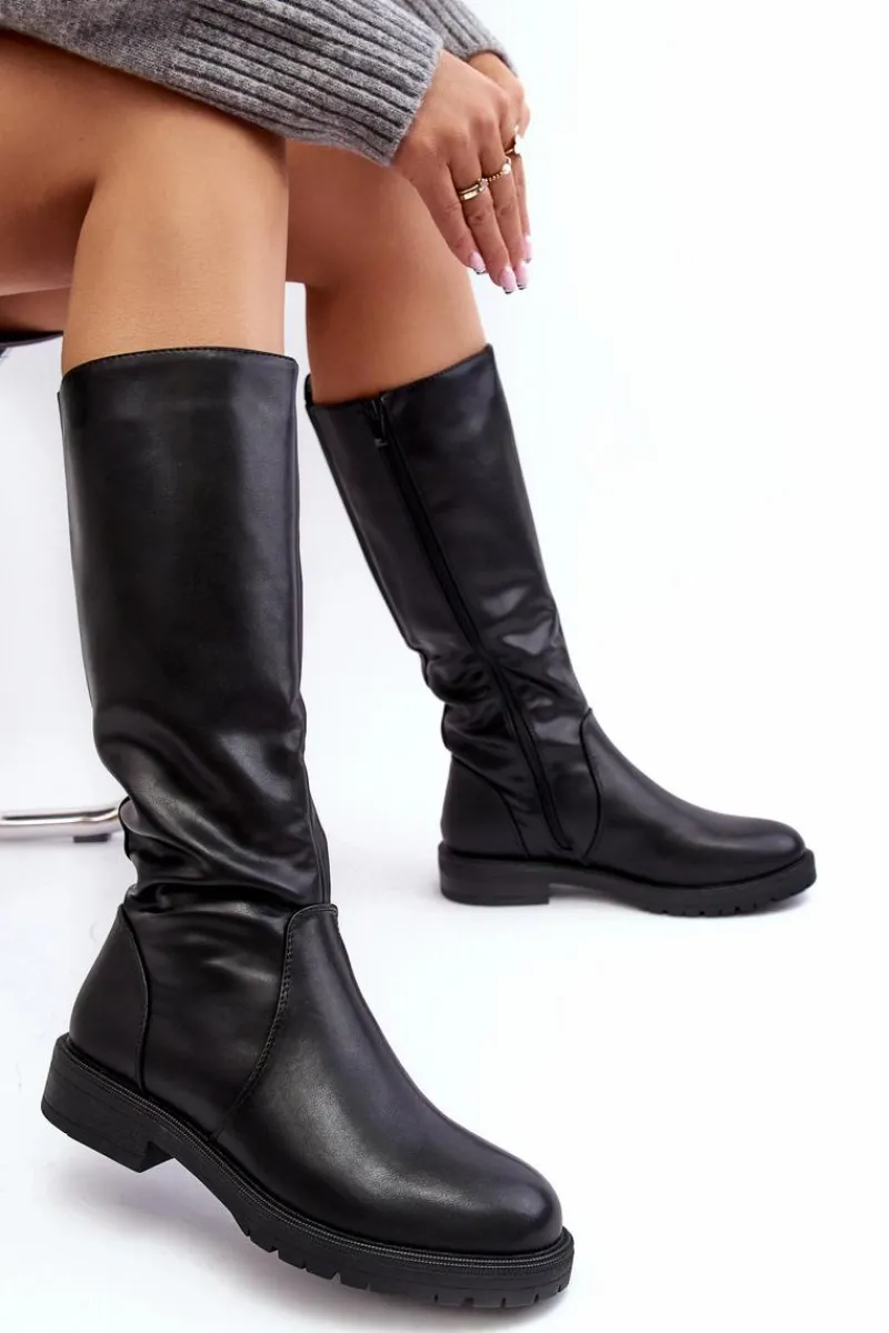 Kozaki Płaskie|Kozaki Przed Kolano>Buty Sergio Leone Kozaki Damskie Ocieplane Na Płaskim Obcasie Czarne Evelio