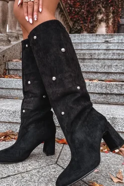 Outlet Kozaki Damskie Ocieplane Na Słupku Z Ozdobnymi Detalami Czarne Lucinda Damskie Kozaki Ocieplane|Kozaki Na Słupku