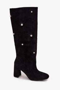 Outlet Kozaki Damskie Ocieplane Na Słupku Z Ozdobnymi Detalami Czarne Lucinda Damskie Kozaki Ocieplane|Kozaki Na Słupku