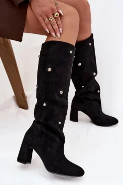 Outlet Kozaki Damskie Ocieplane Na Słupku Z Ozdobnymi Detalami Czarne Lucinda Damskie Kozaki Ocieplane|Kozaki Na Słupku