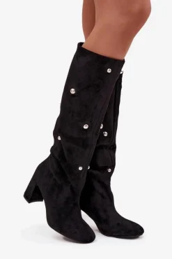 Outlet Kozaki Damskie Ocieplane Na Słupku Z Ozdobnymi Detalami Czarne Lucinda Damskie Kozaki Ocieplane|Kozaki Na Słupku