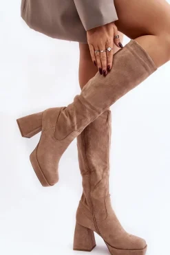 New Boto Kozaki Damskie Ocieplane Na Masywnym Obcasie Beżowe Layala