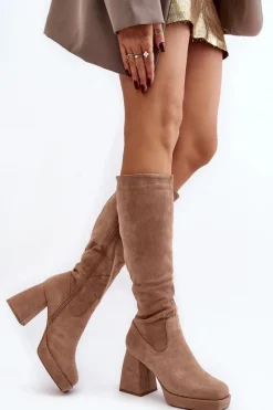 New Boto Kozaki Damskie Ocieplane Na Masywnym Obcasie Beżowe Layala