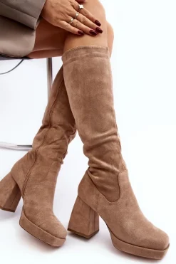 New Boto Kozaki Damskie Ocieplane Na Masywnym Obcasie Beżowe Layala