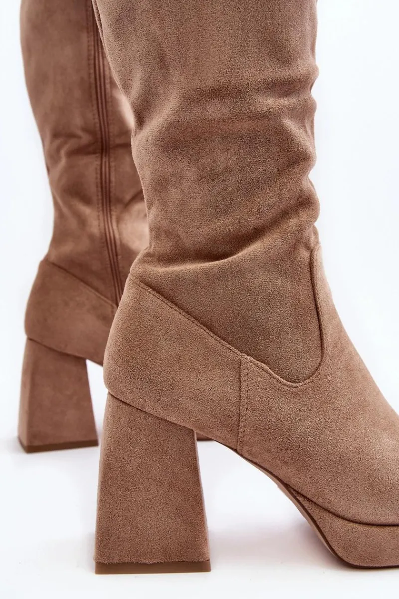 New Boto Kozaki Damskie Ocieplane Na Masywnym Obcasie Beżowe Layala