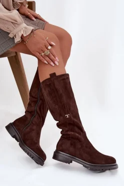 New Kozaki Damskie Ocieplane Na płaskim Obcasie Eko Zamszowe Czekoladowe Delyssa Damskie Kozaki Ocieplane|Kozaki Płaskie