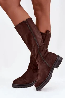 New Kozaki Damskie Ocieplane Na płaskim Obcasie Eko Zamszowe Czekoladowe Delyssa Damskie Kozaki Ocieplane|Kozaki Płaskie