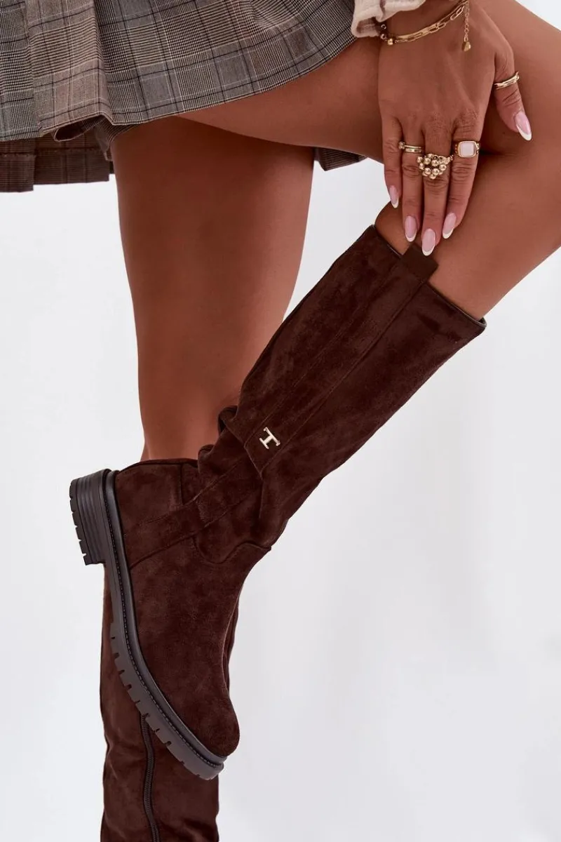 New Kozaki Damskie Ocieplane Na płaskim Obcasie Eko Zamszowe Czekoladowe Delyssa Damskie Kozaki Ocieplane|Kozaki Płaskie