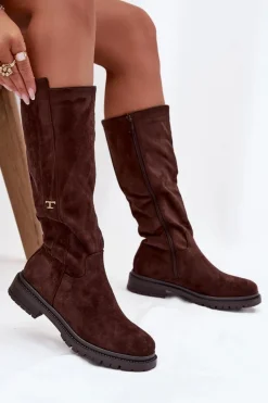 New Kozaki Damskie Ocieplane Na płaskim Obcasie Eko Zamszowe Czekoladowe Delyssa Damskie Kozaki Ocieplane|Kozaki Płaskie