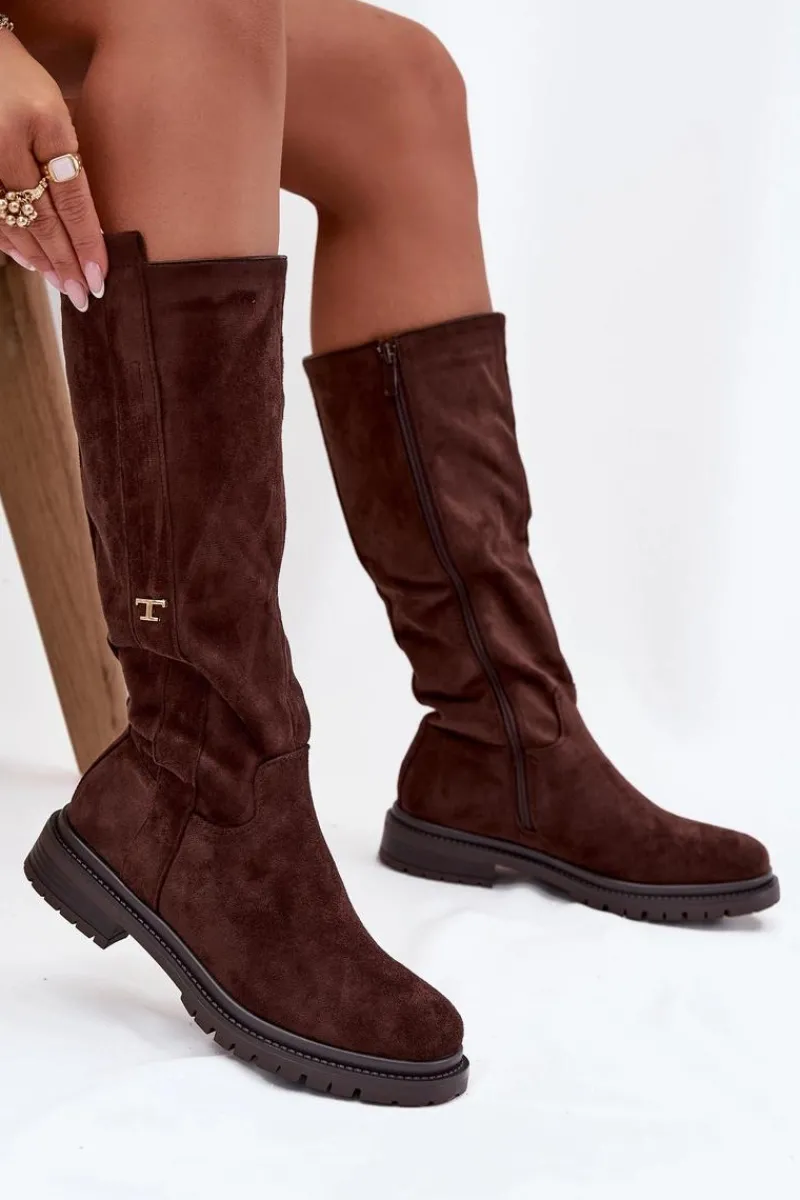 New Kozaki Damskie Ocieplane Na płaskim Obcasie Eko Zamszowe Czekoladowe Delyssa Damskie Kozaki Ocieplane|Kozaki Płaskie